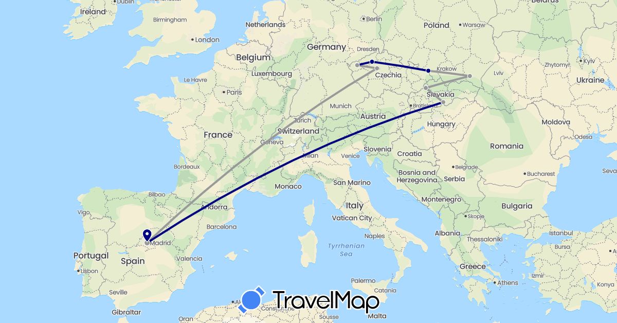 TravelMap itinerary: driving, plane in Czech Republic, Spain, Poland, Slovakia (Europe)